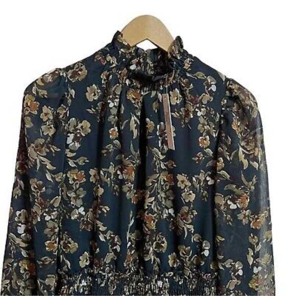 Drew Floral Green Fern and Brown Ruffle Chiffon Knee Length Dress Size M NWT - Picture 6 of 9